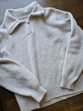 Aerie Cropped Sweater Tan Ribbed Knit Long Sleeve Cozy Size L